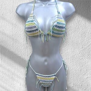 Hand-Crocheted Multicolor Fringe Bikini Top and Bottom - Women Swim